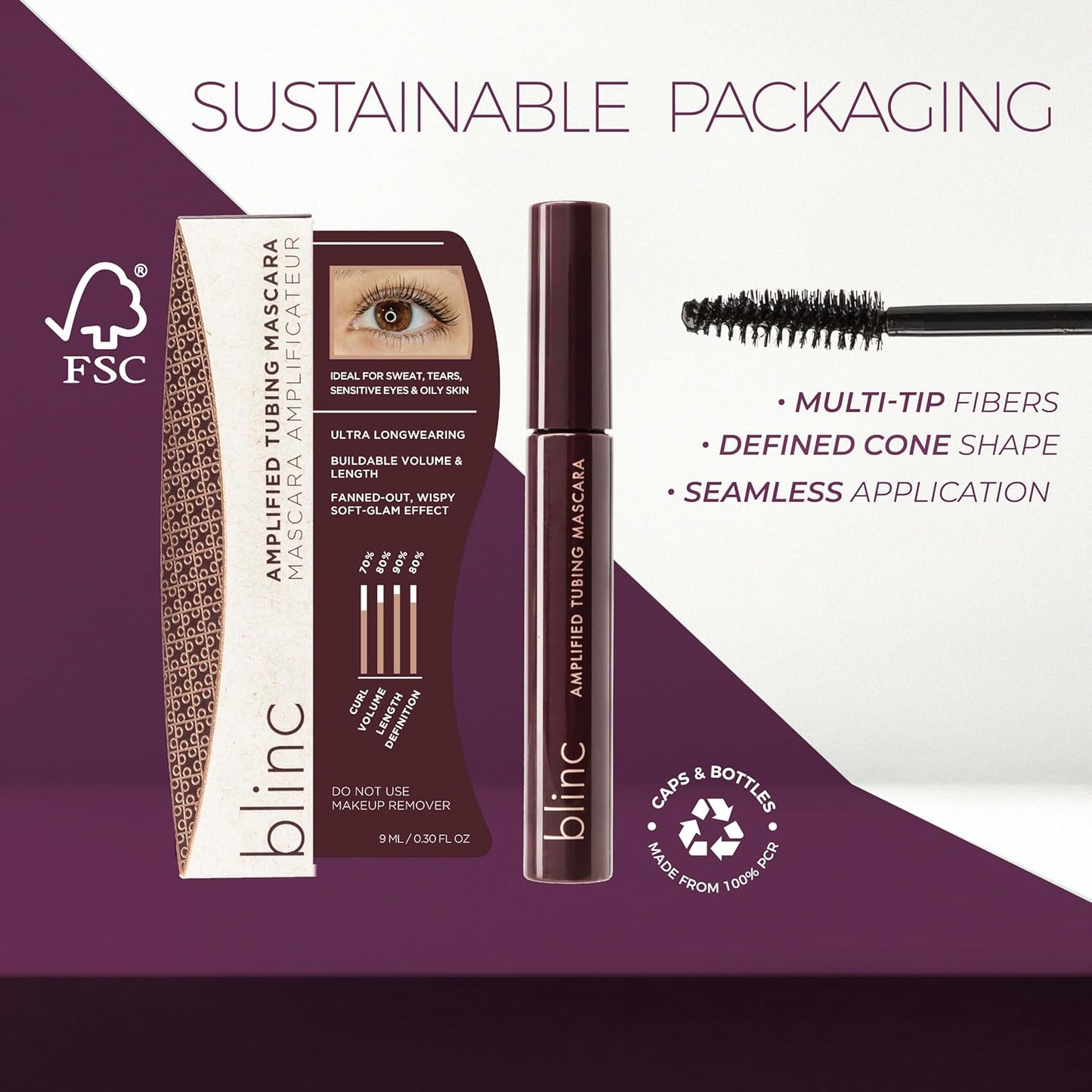 Blinc Amplified Tubing Mascara, Ultra-Longwearing Washable Mascara, Soft-Glam Volumizing, Lengthening and Defining Mascara, Gluten-Free and Cruelty-Free, 9mL / 0.30 Fl. OZ