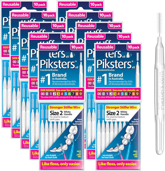 Piksters Interdental Brushes, Size 2, 100 Count (10 x 10 Packs), Interdental Tooth Brush for Extremely Tight and Fine Gaps, Gum Soft Bristles for Plaque Removal, Safe for Braces (100pk)