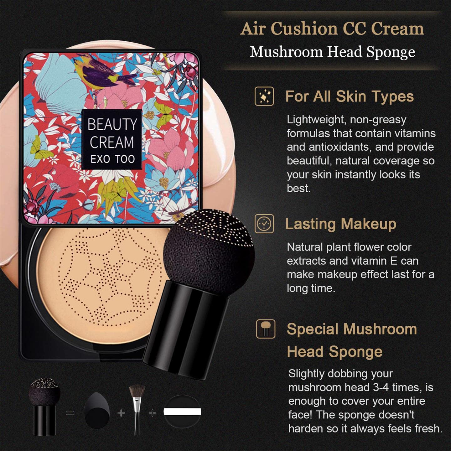 NUIBO 2PCS Air Cushion CC Cream Mushroom Head, Moisturizing Concealer Makeup Base, Primer Liquid Foundation Long Lasting with Two Mushroom Makeup Sponges 【1 X Natural & 1 X Ivory】