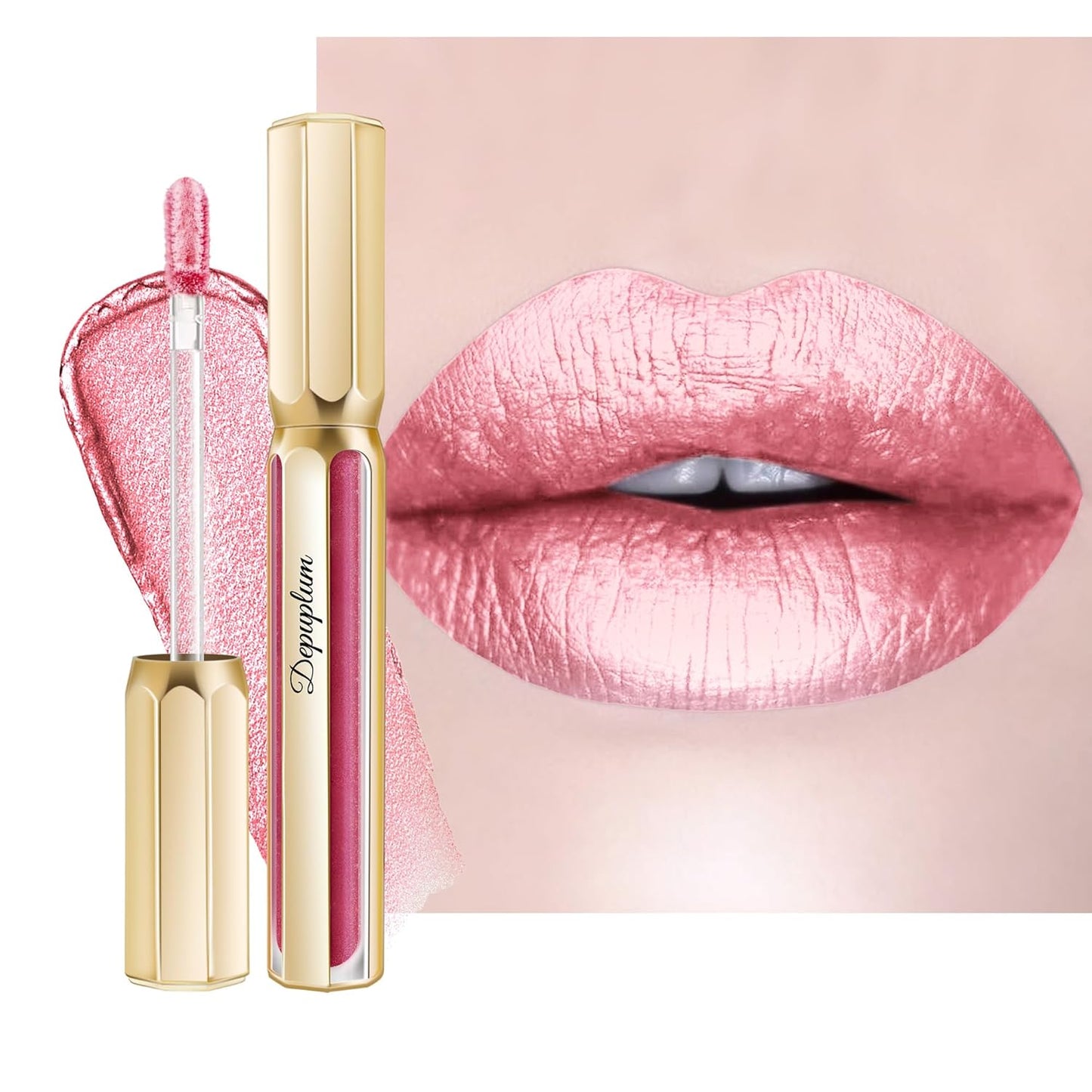 light Pink Lipsticks for Women Metallic Lipstick Long Lasting Non Stick Cup Lip Gloss, Shimmer Lightweight Hydrating Full Coverage Lip Color, DP114 Daytime