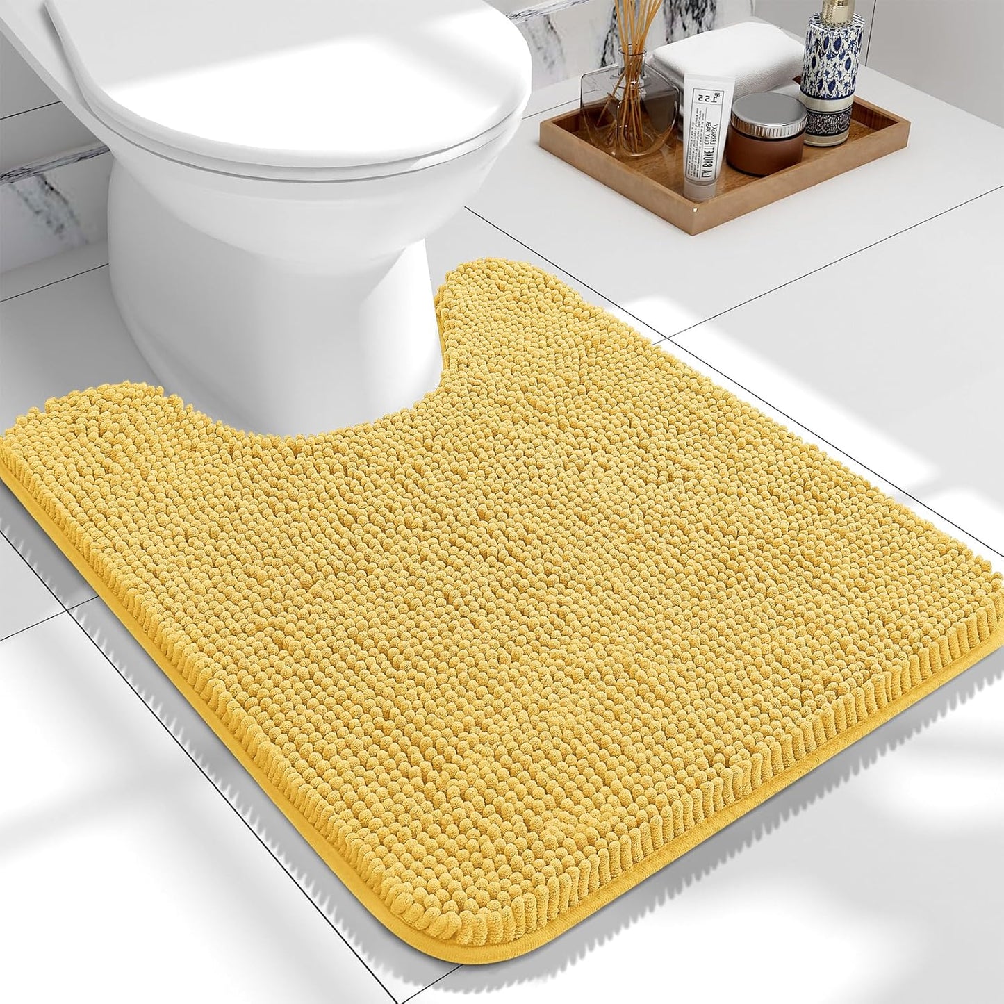 OLANLY Toilet Rugs U-Shaped 24x20, Extra Soft Absorbent Chenille Contour Bathroom Rugs for Toilet, Dry Quickly, Machine Washable, Non-Slip Bath Mat, Yellow