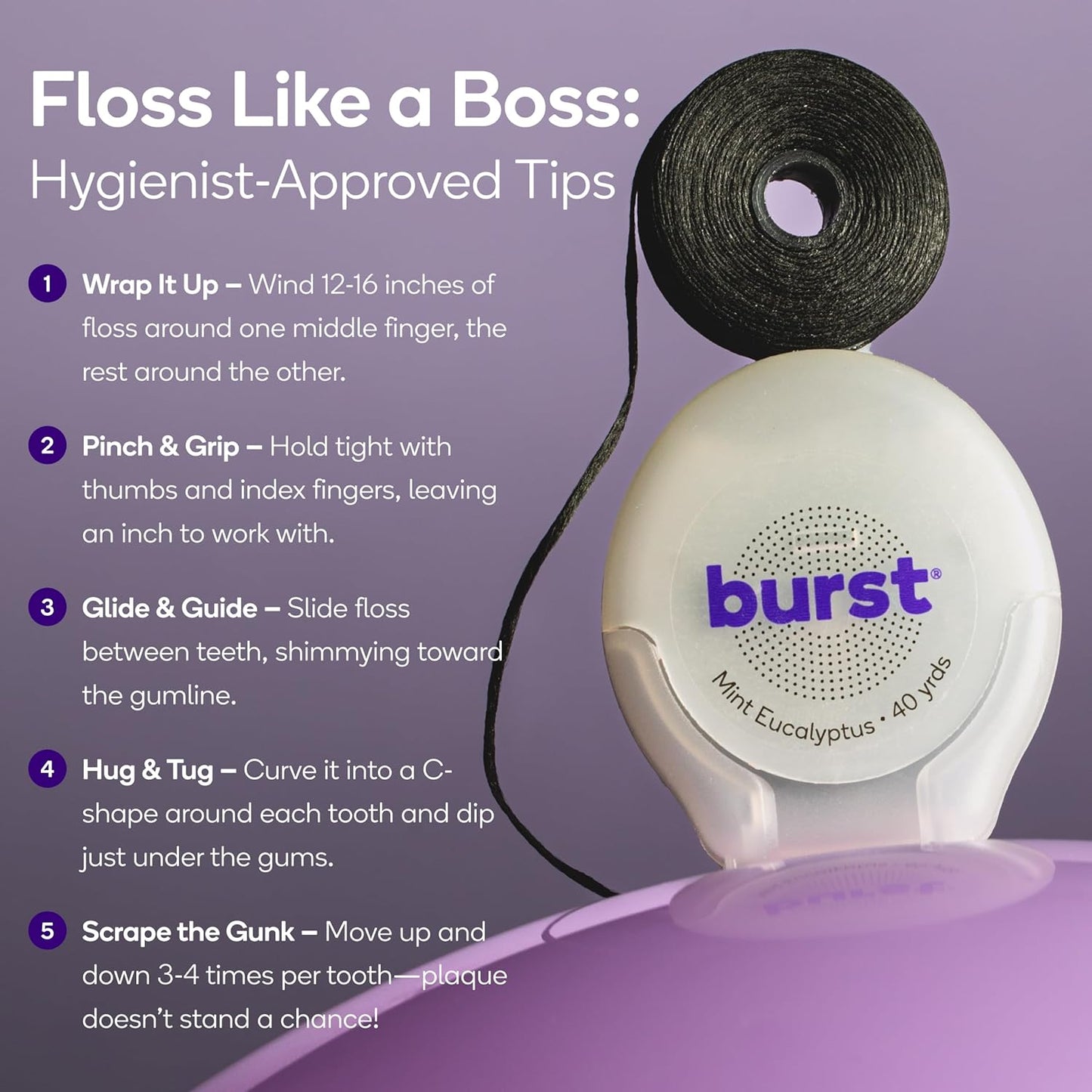 BURST Expanding Dental Floss (Mint Eucalyptus/160 Yards) | Stain Absorbing & Woven with Xylitol Coating to Fight Cavities | Vegan | Paraben Free