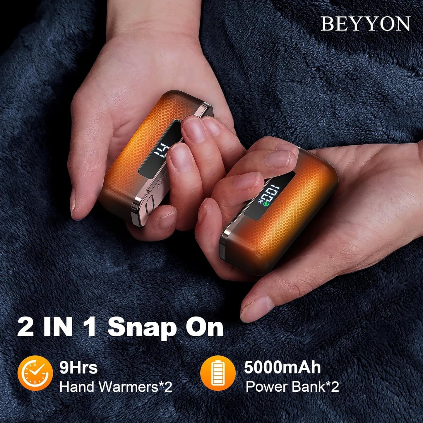 BEYYON Hand Warmers Rechargeable - Magnetic Electric Hand Warmer 2 Pack, 4 Levels Heat Up to 131℉ with LED Display, Portable Reusable Pocket Heater for Raynauds, Golf, Camping, Men, Women