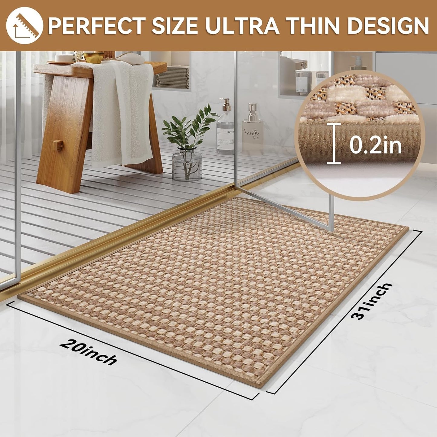 Bath Mat Bathroom Rugs Non Slip Washable, Soft Braided Ultra Thin Bath Mat, Super Absorbent Quick Dry Bath Rug Shower Mat, Rubber Backing, Fit Under Door Bathroom Floor Tub, Brown 20" x 31"