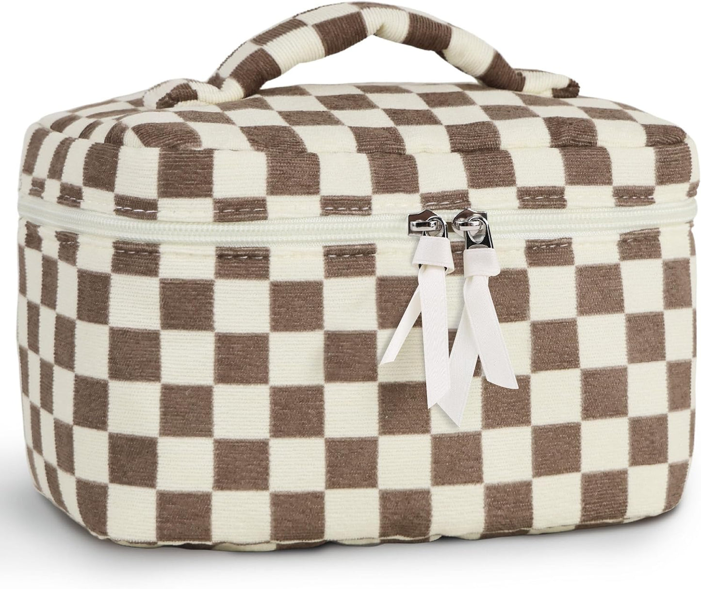 Prite Corduroy Makeup Bag Quilted Makeup Bag Large Floral Cosmetic Bag for Women Cute Travel Toiletry Bag with Handle(Light Checkerboard)