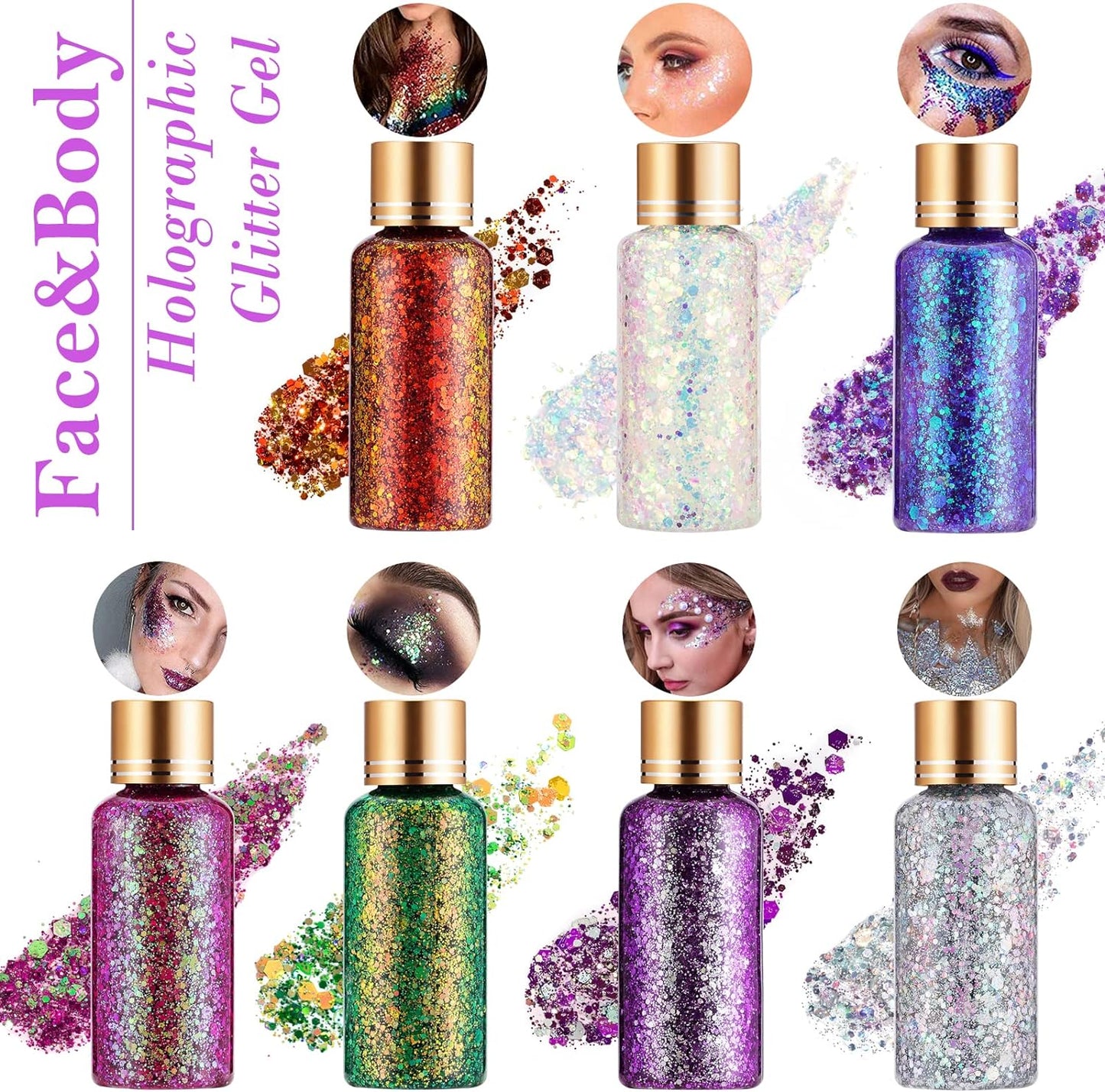 Lavender Purple Glitter Gel for Women Kids, Face Body Hair Glitter Gel, Holographic Chunky Mermaid Sequin Shimmer Makeup for Singer Concert Music Festival Rave Accessories, 1oz/Jar