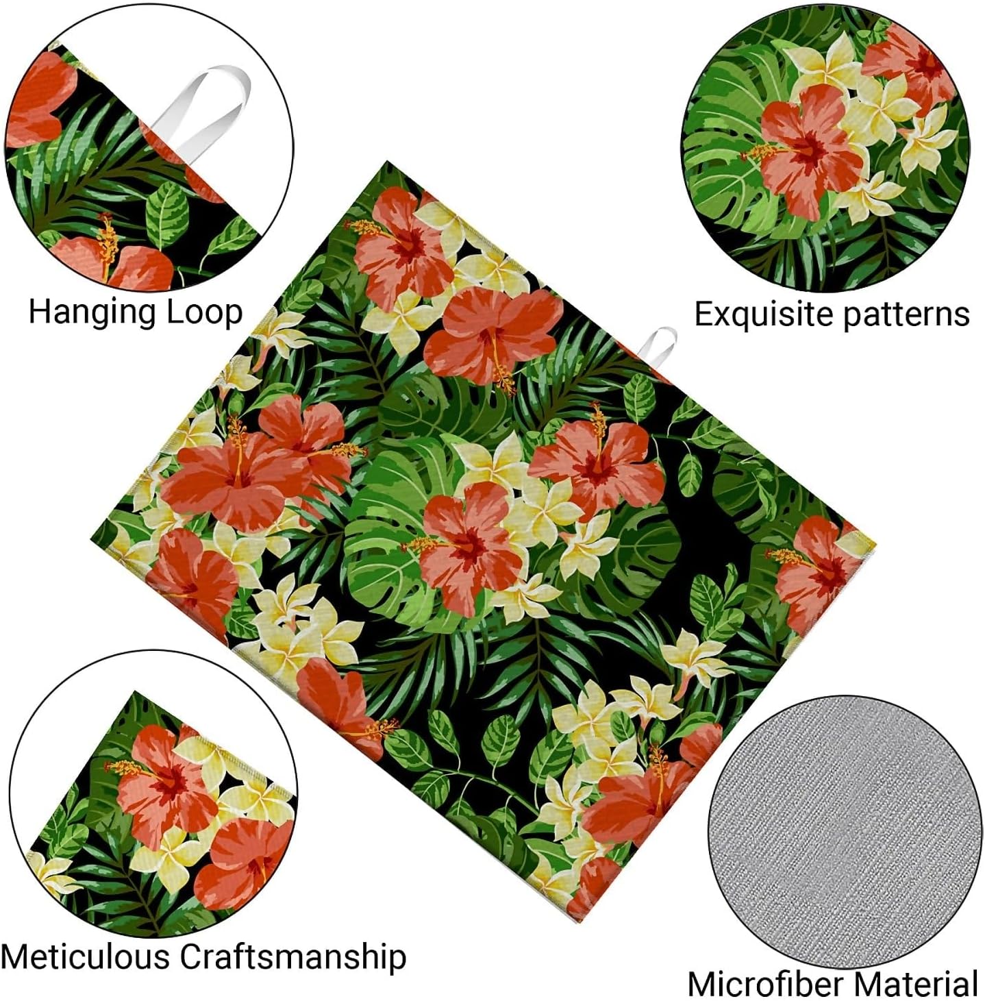 Dish Drying Mat For Kitchen Counter, Tropical Flower On Black Microfiber Absorbent Dish Drainer Rack Pad Reusable Large 18x24in Drying Mat