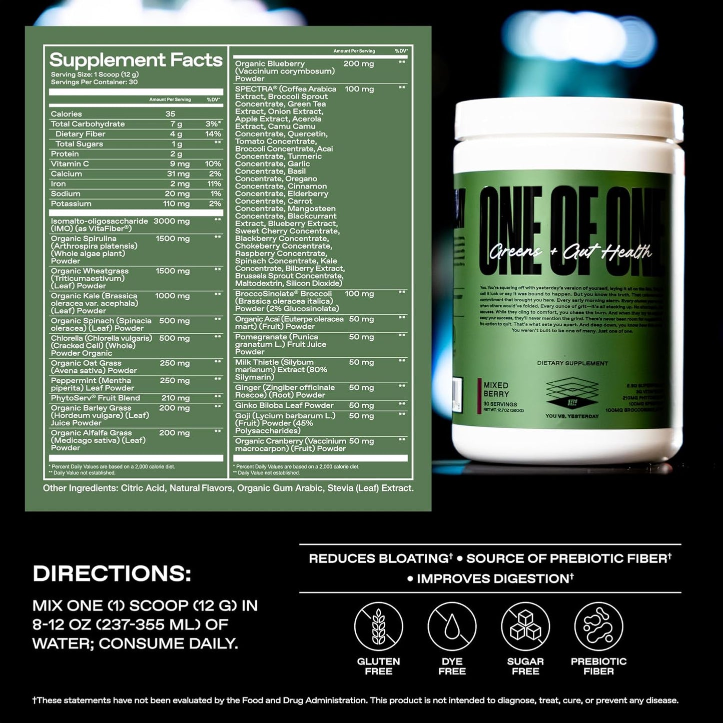 ONE of ONE Greens & Gut Health – Superfood Greens Powder with Prebiotics, Probiotics & Digestive Enzymes for Gut Health, Immunity & Energy, No Artificial Sweeteners - Mixed Berry, 30 Serving