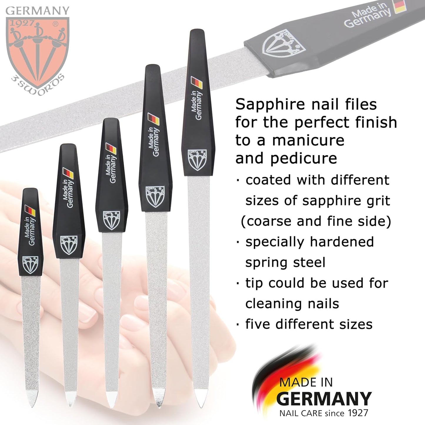 3 Swords Germany - Brand Quality Sapphire Metal Nail File Set (5 pcs.) with 3-Way Nail Buffer (1 pc.), Manicure Pedicure Finger & Toe Nail Care - Made in Solingen Germany (671)
