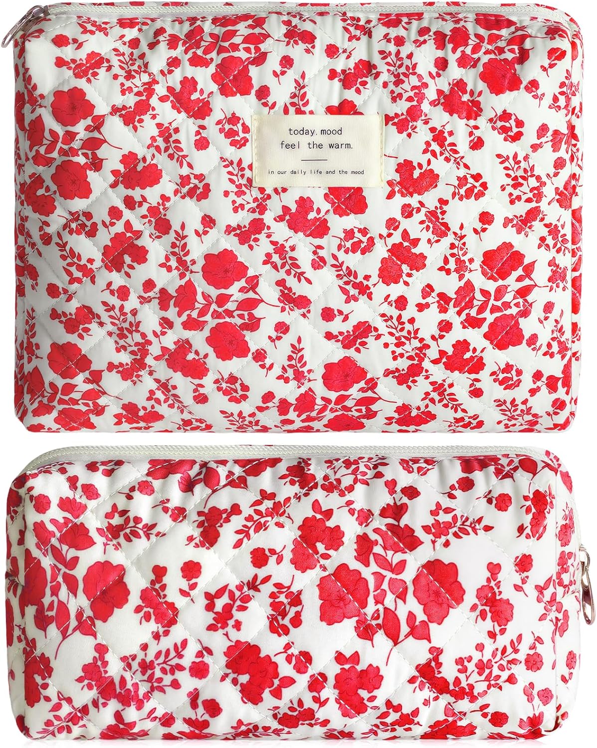 2Pcs Quilted Makeup Bag Set Flower Cute Pencil Case Large Small Travel Makeup Pouch Set for Women Coquette Makeup Bag Aesthetic Cotton Cosmetic Bag Hot Pink Toiletry Organizer Storage Bag Zipper Pouch