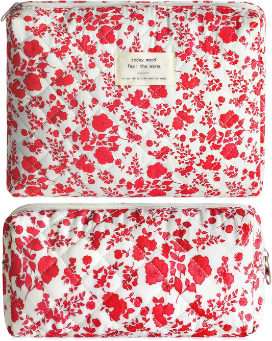 2Pcs Quilted Makeup Bag Set Flower Cute Pencil Case Large Small Travel Makeup Pouch Set for Women Coquette Makeup Bag Aesthetic Cotton Cosmetic Bag Hot Pink Toiletry Organizer Storage Bag Zipper Pouch