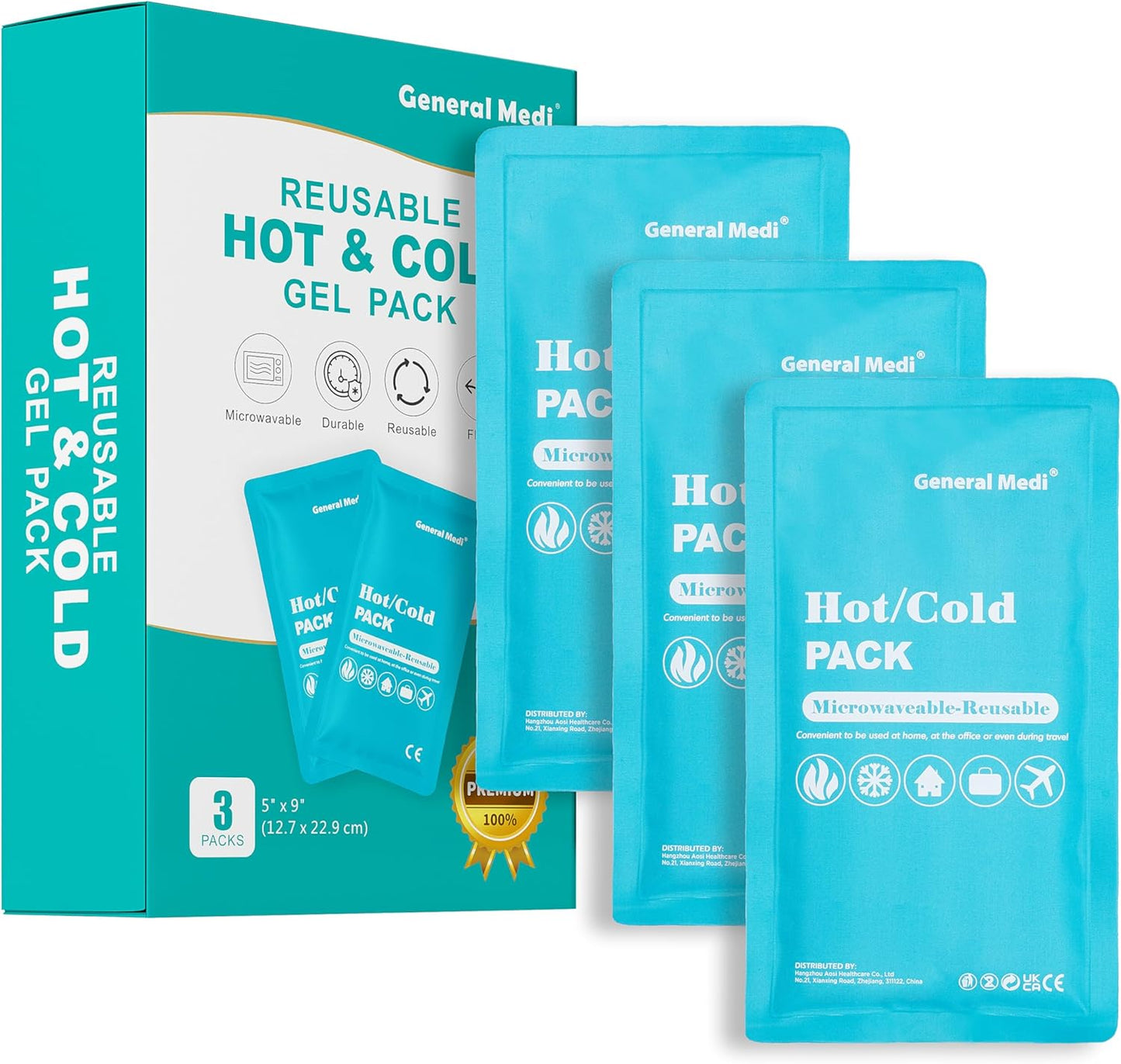 General Medi Hot & Cold Reusable Gel Pack Compress Wrap - Pack of 3 - Great for Migraine Relief, Sprains, Muscle Pain, Bruises, Injuries