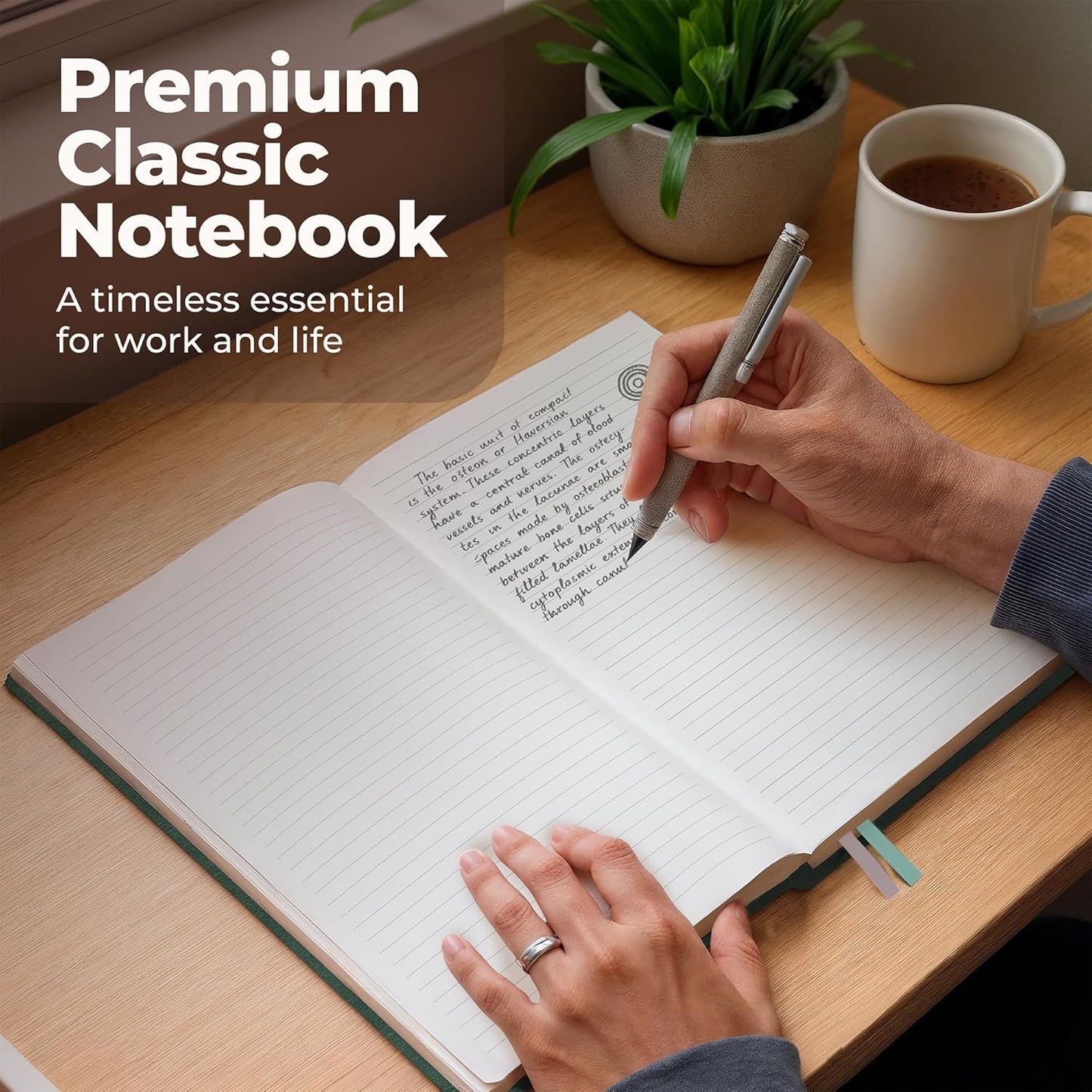 Classic Lined Journal Notebook 8.5x11" A4 Hardcover Leather - Green - 200 Pages College Ruled Large with Sticky Tabs, Pockets, and Pen Loop for Writing and Journaling - Big Hardback Men and Women