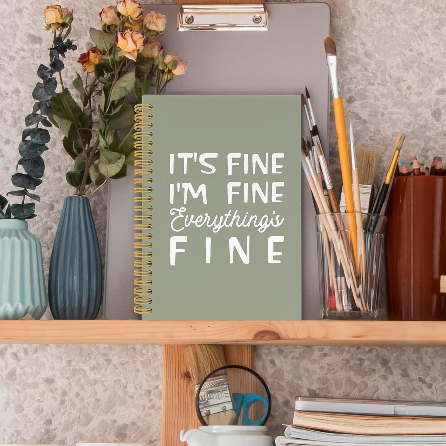 XPH Funny Green Spiral Notebook, It's Fine I'm Everything Is Fine Journaling Notebooks for Women Men, Humorous Hardcover Journals for Office 160 Pages 5.5 x 8.3 Inch, Sarcastic Gifts for Coworkers