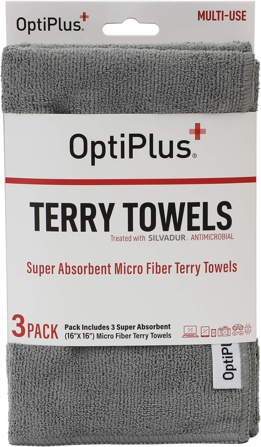 OptiPlus 16" x 16" Microfiber Terry Towels Treated with Silvadur 930 Antimicrobial - Grey