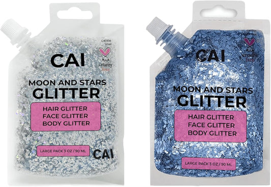 Face, Body & Hair Glitter Gel – Halloween Glitter for Kids and Women – 3 Oz Cosmetic-Grade Gel w/Moon & Stars for Festivals & Halloween Party, Easy Apply & Wash Off - Blue/Silver 2Pack