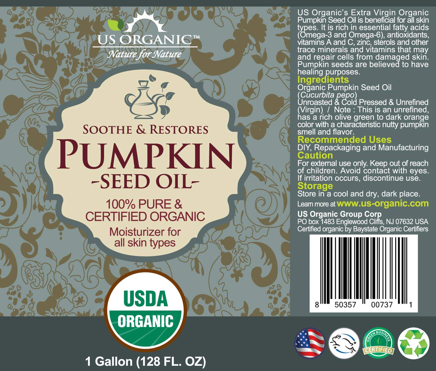 US Organic Pumpkin Seed Oil, Certified Organic, Cold Pressed Virgin, Unrefined, Size for DIY and Small Manufacturers (128 oz (1 Gallon))