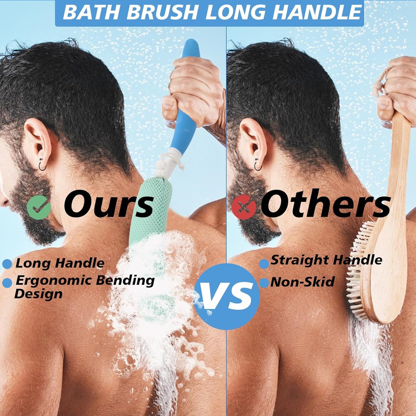 Shower Back Brush with Long Handle, 15.35" Body Brush, Long Back Scrubber for Men Women, Long Handled Sponge Body Exfoliator, Loofah Back Scrubber for Aid Bathing（Black）