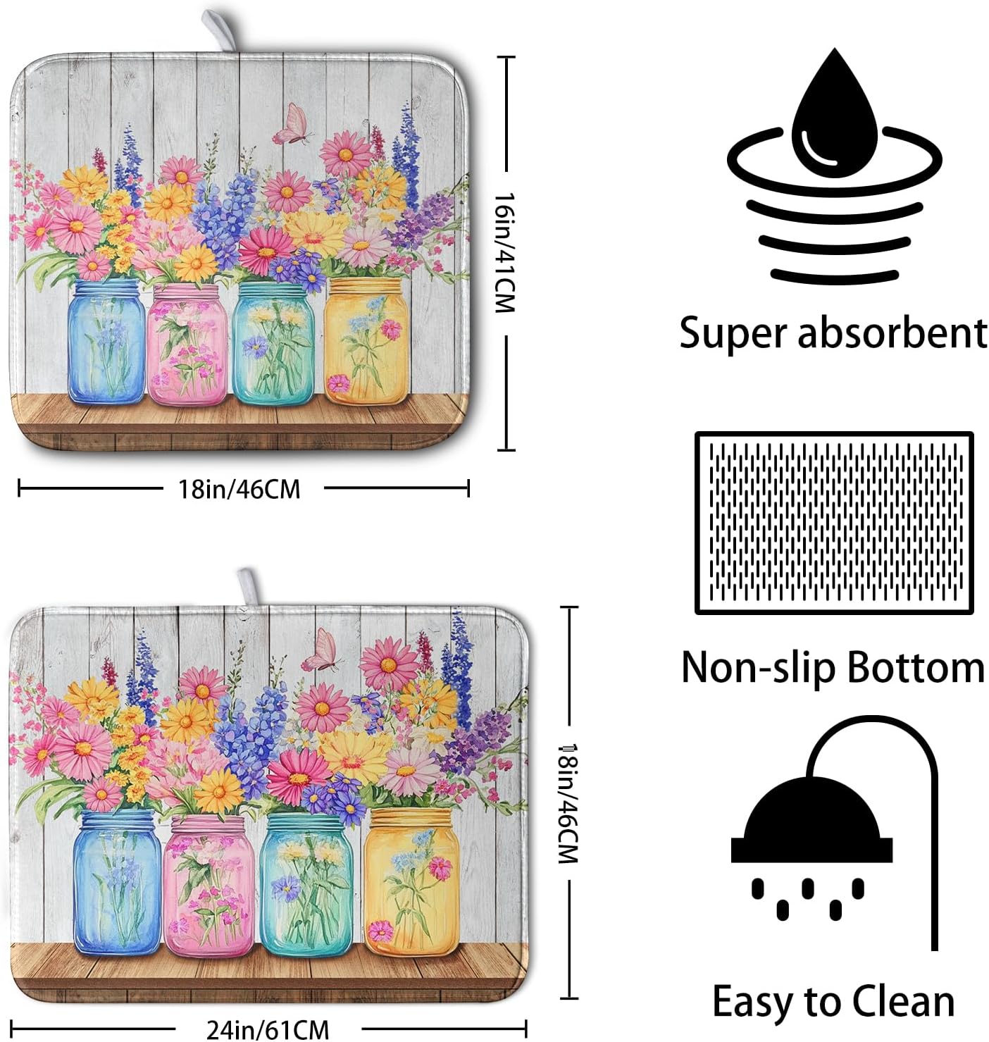 Daisy Dish Drying Mat for Kitchen Counter Spring Summer Flowers Vases Dishes Pad Microfiber Absorbent Dish Draining Mats Rustic Farmhouse Floral Wooden Board Dish Drainer Rack Mat 16x18 Inch