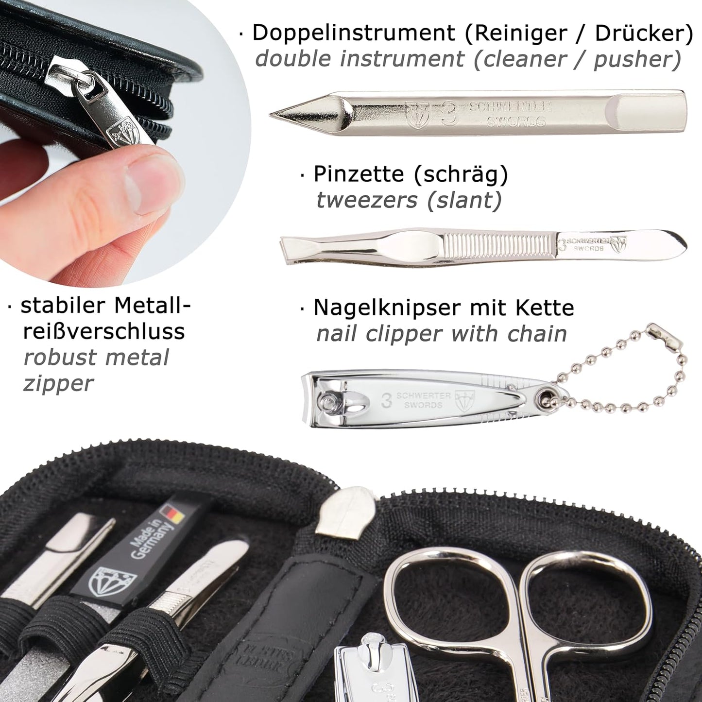 3 Swords Germany - brand quality 5 piece manicure pedicure grooming kit set for professional finger & toe nail care scissors clipper genuine leather black case in gift box, Made in Germany