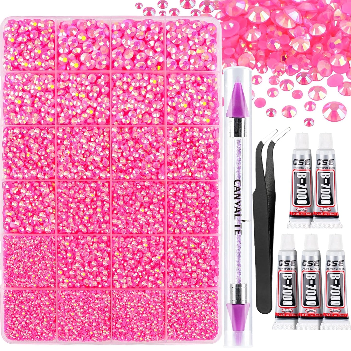 Canvalite 25000PCS Resin Jelly Rhinestones for Crafting,Hot Pink AB Flatback Gems, Bedazzling Crystal with 5x2.5g B7000 Jewelry Glue and Tweezers Dotting Pen for DIY Crafts Clothing Shoes Nail Art