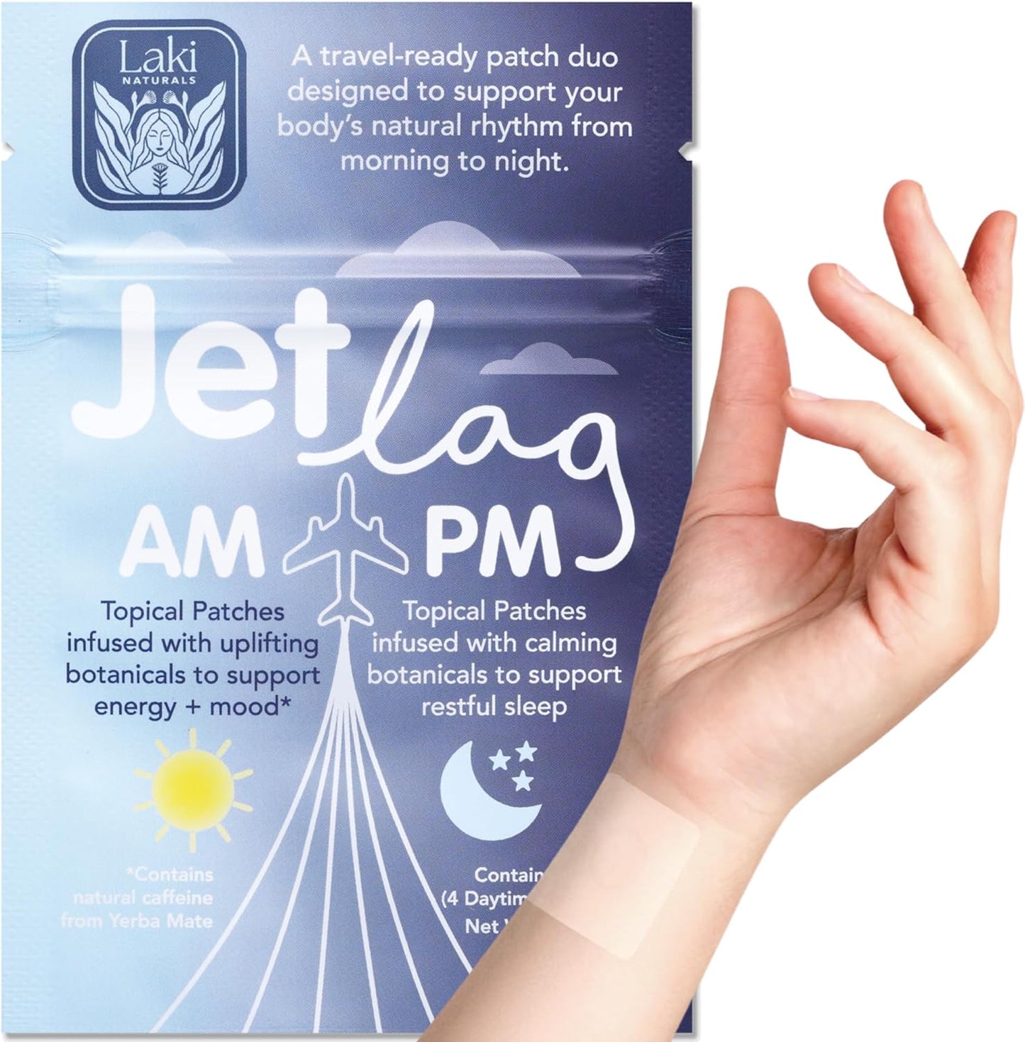 Jet Lag AM & PM Travel Patches – Natural Day & Night Support for Travelers – Energy, Focus & Restful Sleep – with B12, Rhodiola, Valerian, Lemon Balm, Lavender & More – 8 Topical Patches