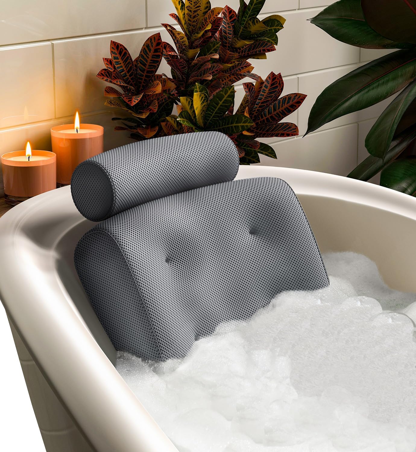 Everlasting Comfort Luxury Bath Pillows for Tub with Head and Neck Support - Non-Slip Bathtub Pillow with Suction Cups, Quick-Drying Mesh & Drying Hook - Jacuzzi & Bathtub Accessories for Women -Gray