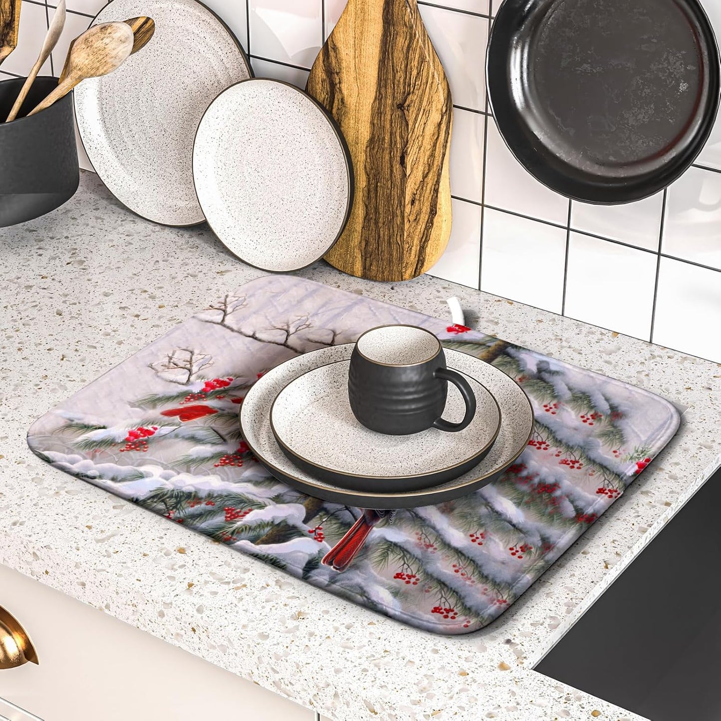Red Birds Dish Drying Mat Winter Berry Dish Drainer Mats Absorbent Reversible Microfiber Kitchen Countertop Protector Dishes Pad 16x18 inch