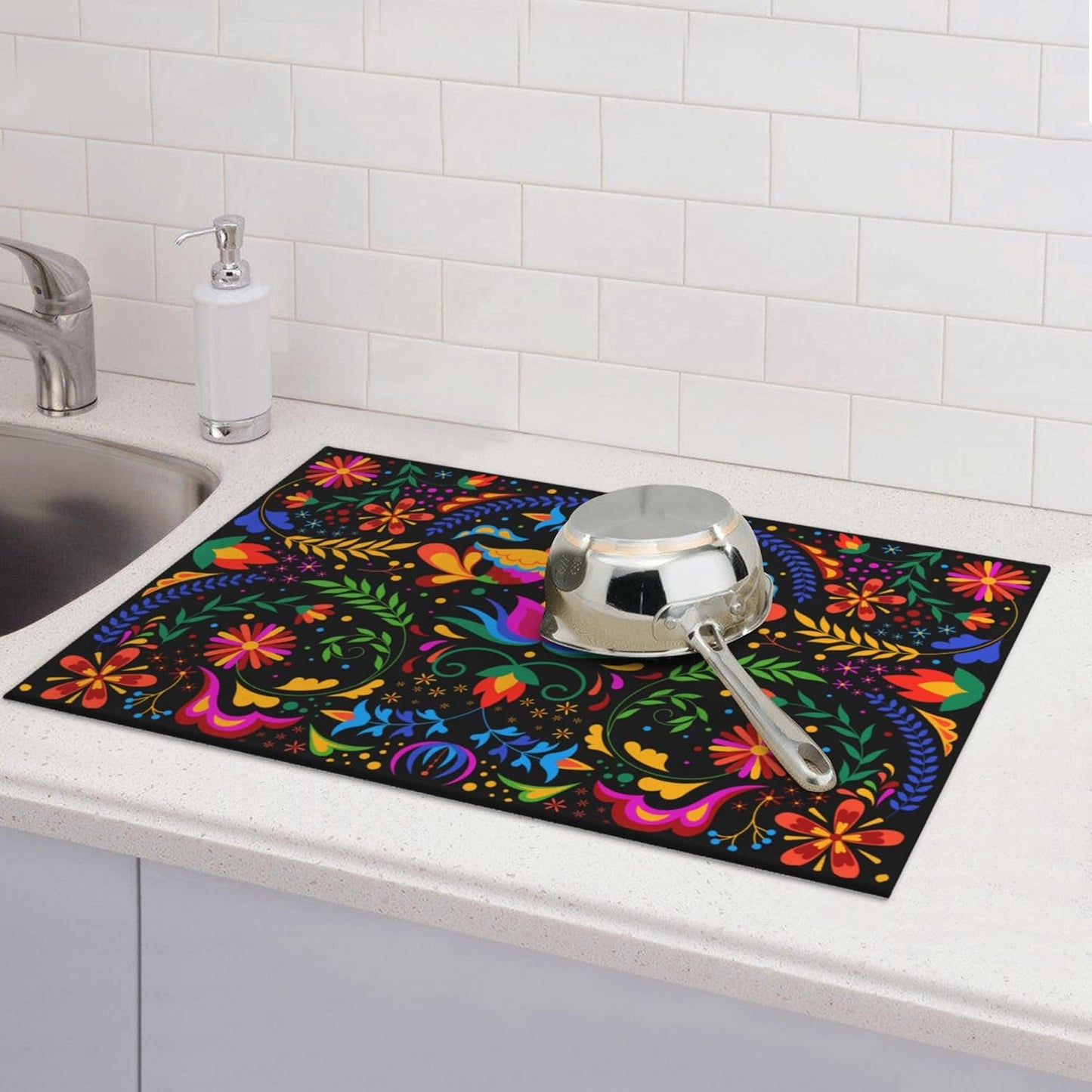 Mexican Flower Microfiber Dish Drying Mat for Kitchen Counter Mexican Dishes Pad Black Dish Drainer Rack Mats 18"x24" Absorbent Washable Reusable
