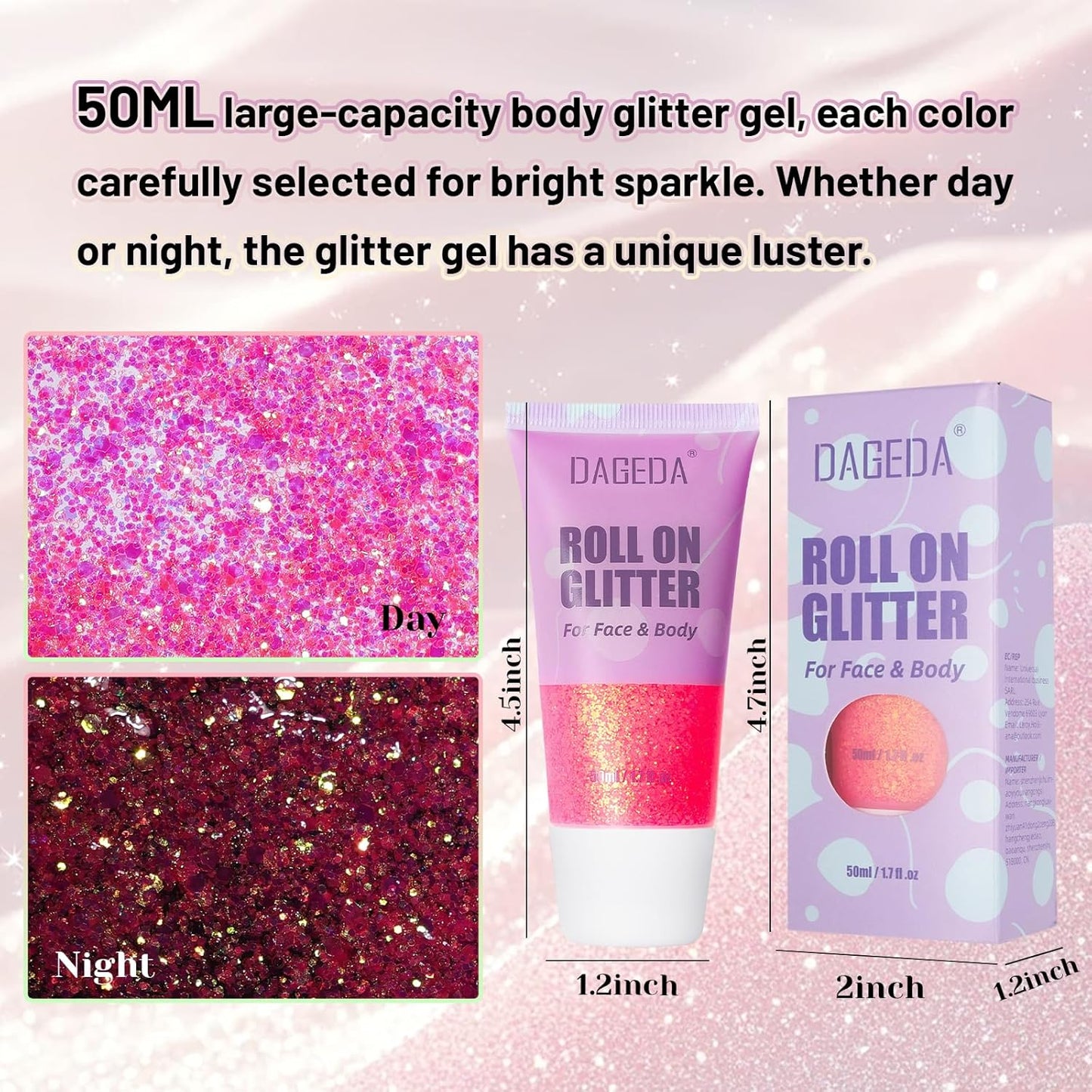 DAGEDA Roll-on Body Glitter,Holographic Eye Face Hair Glitter Gel for Festival Outfit Mermaid Accessories,Chameleon Color Body Shimmer Makeup Rave Outfits Accessories for Women 50ml (Pink)