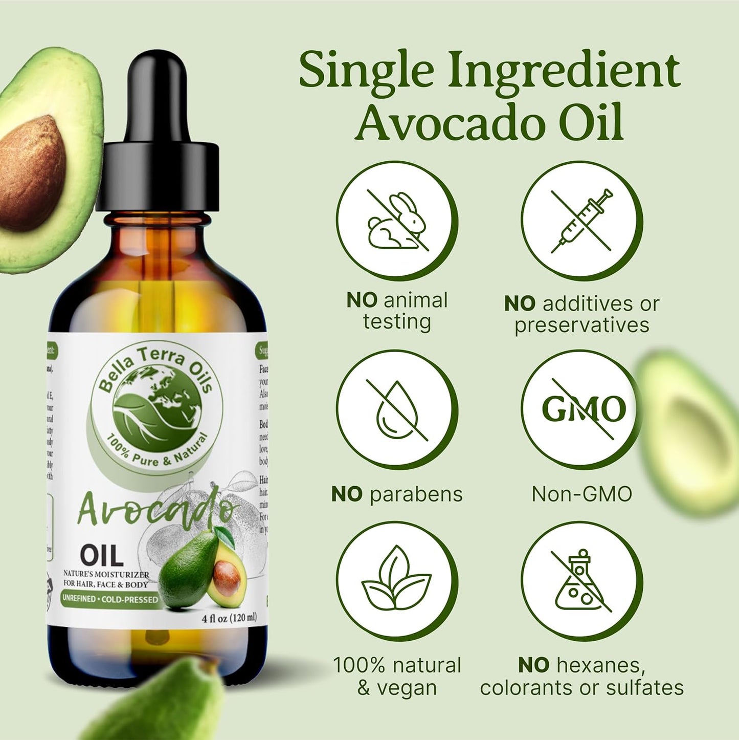 Bella Terra Oils - Avocado Oil 4oz - Pure Essence of Cold-Pressed Avocado, Boosted with Vitamin A, Impeccable for Mixing and Blending