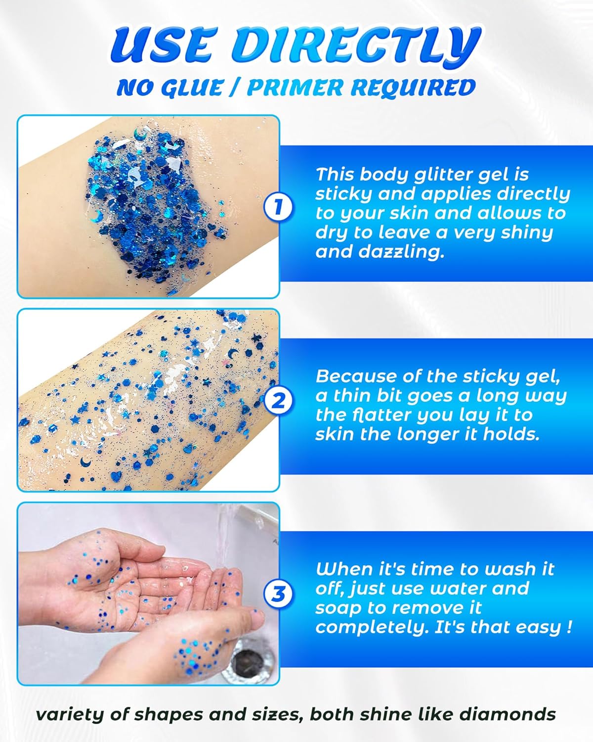 6PCS Blue Face Body Glitter Gel，Holographic Chunky Sequins Body Glitter Paint for Party Singer Concerts Music Festival Rave Accessories for Girls Women Face Body DIY Sparkling Makeup