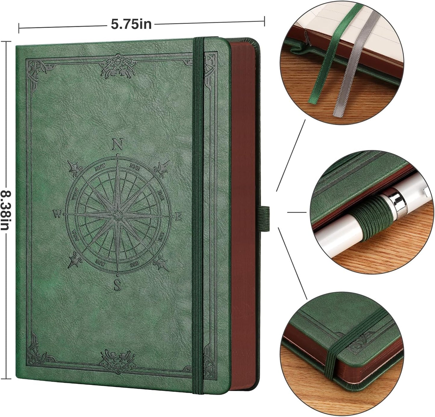 AHGXG Thick Journal Blank Notebook for Men - 320 Numbered Pages A5 Notebook for Writing, 100gsm Plain Paper, Vintage Leather Hardcover, for Women Work Office School, 5.75'' X 8.38''- Dark Green
