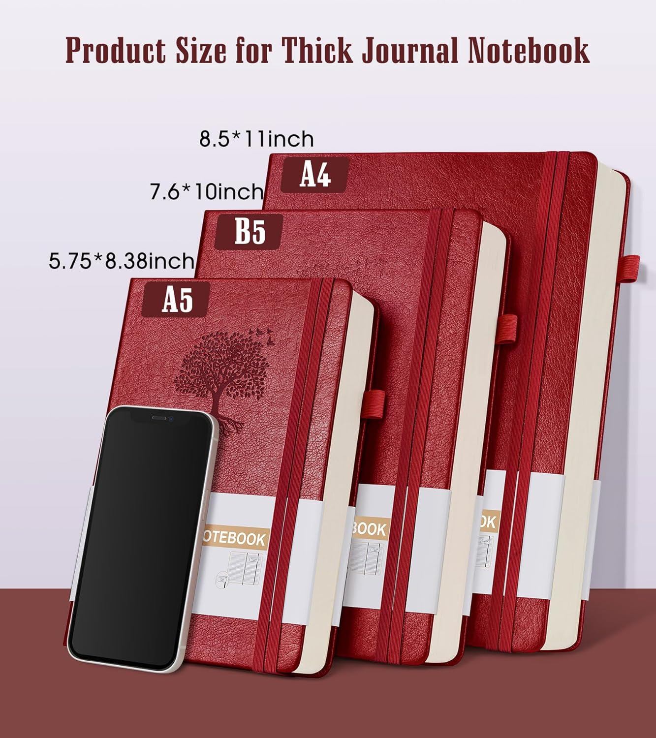 Lined Journal Notebook -365 Pages A5 Thick Journals for Writing Ruled Notebook, Hardcover Leather Journal for Women Men, Daily Notebook for Work, Note Taking, 100Gsm Lined Paper( 5.7'' X 8.3'' Wine)