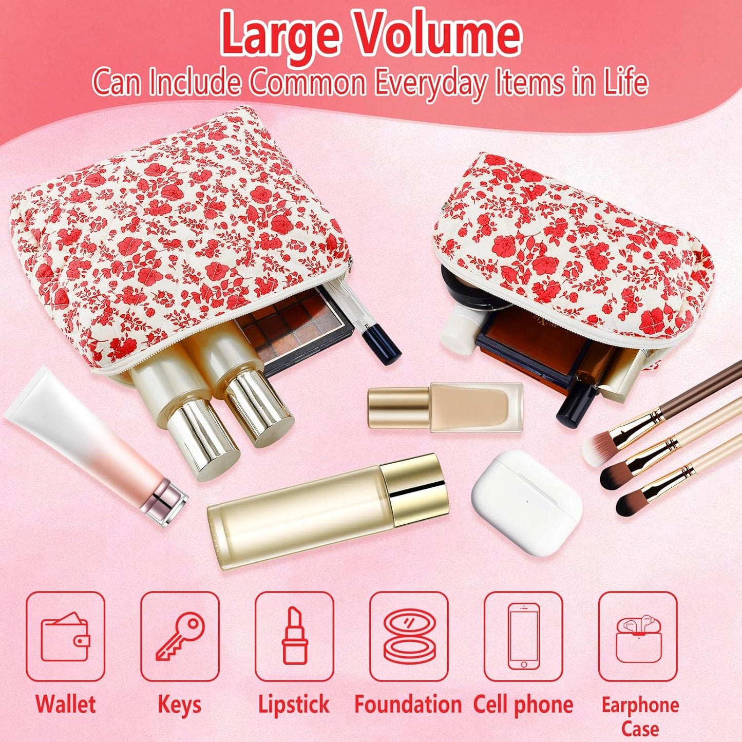 2Pcs Quilted Makeup Bag Set Flower Cute Pencil Case Large Small Travel Makeup Pouch Set for Women Coquette Makeup Bag Aesthetic Cotton Cosmetic Bag Hot Pink Toiletry Organizer Storage Bag Zipper Pouch