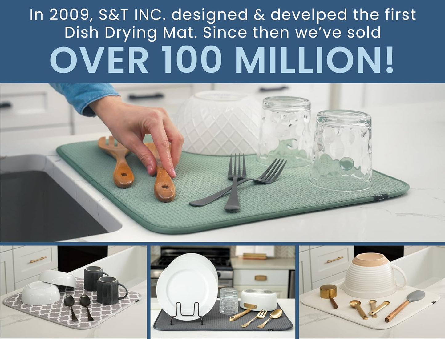 S&T INC. Dish Drying Mat, 16” x 18”, Absorbent Microfiber Kitchen Counter Mat, Dish Drying Pad for Dishes, Utensils, Pots and Pans, Large, Cream Distressed Lines