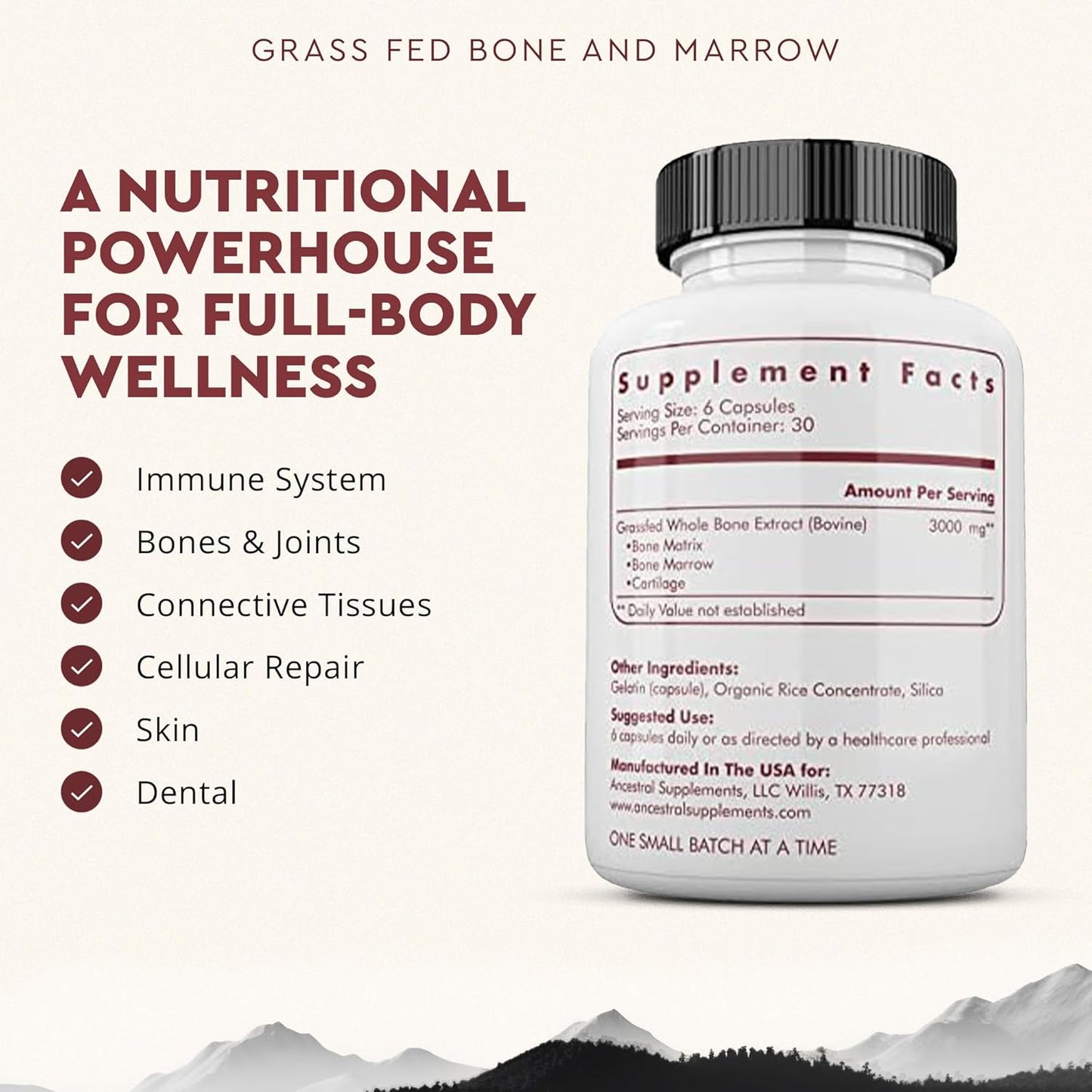 Ancestral Supplements Grass Fed Beef Bone and Marrow Supplement, 3000mg, Skin, Oral Health, and Joint Support Supplement, Promotes Whole-Body Wellness, Non GMO Whole Bone Extract, 180 Capsules