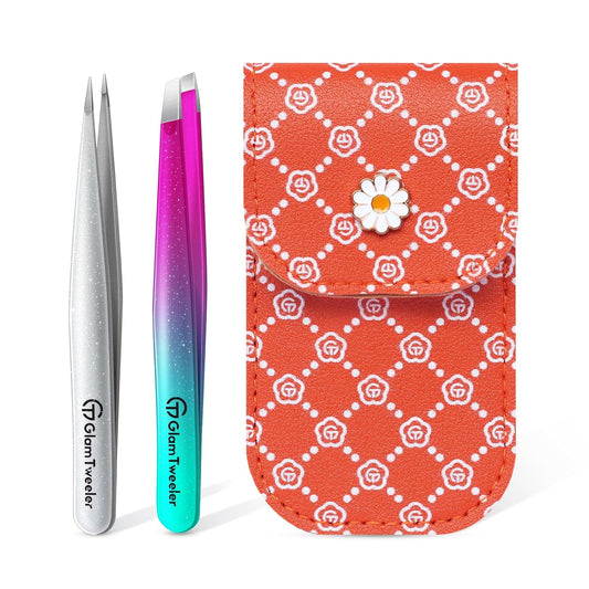 Expert Slant and Point Tip Tweezer Set with Exclusive Travel Case, GlamTweeler Sharp & Precision Tweezer Set for Eyebrows, Facial Hairs & Fine Hairs Removal (Sparkle Purple & Turquoise + Silver)