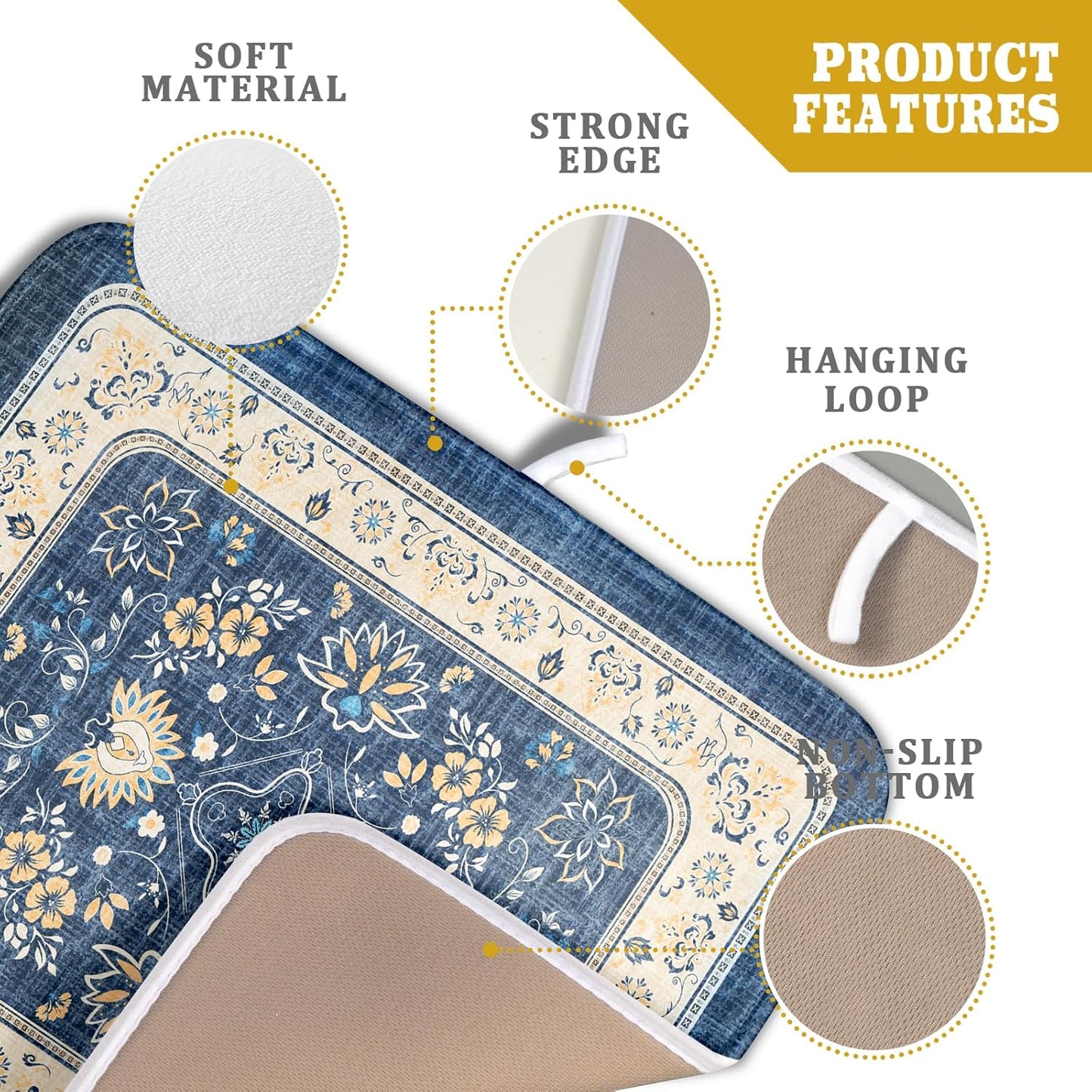 Blue Boho Dish Drying Mat for Kitchen Counter 16x18 Inch Fast Dry Drying Pad Vintage Floral Dish Drainer Rack Mats Coffee Bar Accessories