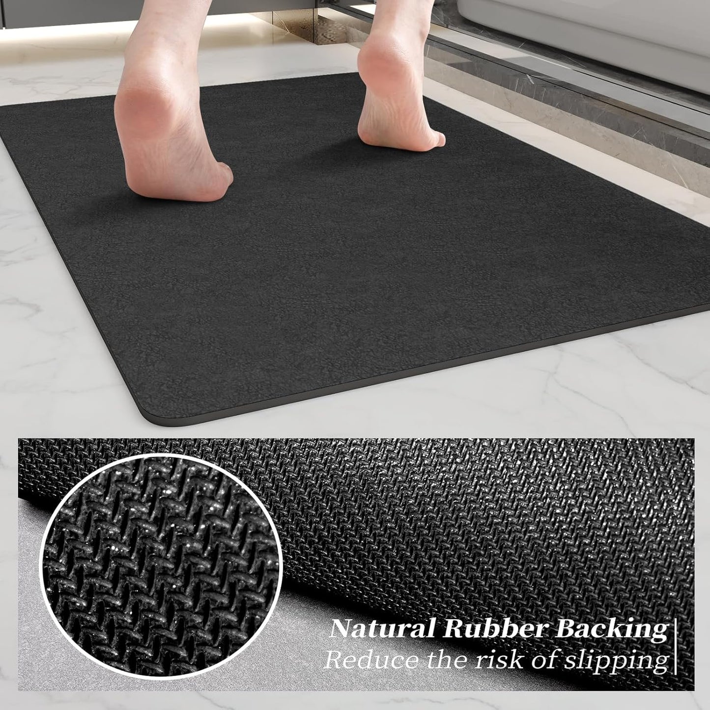 Diatomaceous Earth Bath Mat - 24x17, Quick Dry Absorbing Rubber Non Slip Thin Bathroom Rug, Fit Under Door, For Bathroom Floor, Tub, Shower, Sink, Dark Grey