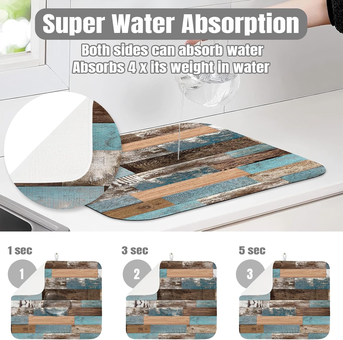 Dish Drying Mat for Kitchen Counter Large 18" x 24" Farmhouse Rustic Wood Absorbent Microfiber Dishes Drainer Rack Mats Pad Reusable Washable