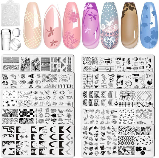 Biutee Nail Art Stamping Plates Set 10PCS French Line Stamp Templates, Nail Stamping Kit with Silicone Nail Stamper for DIY Print Manicure Salon Design Gift In Home
