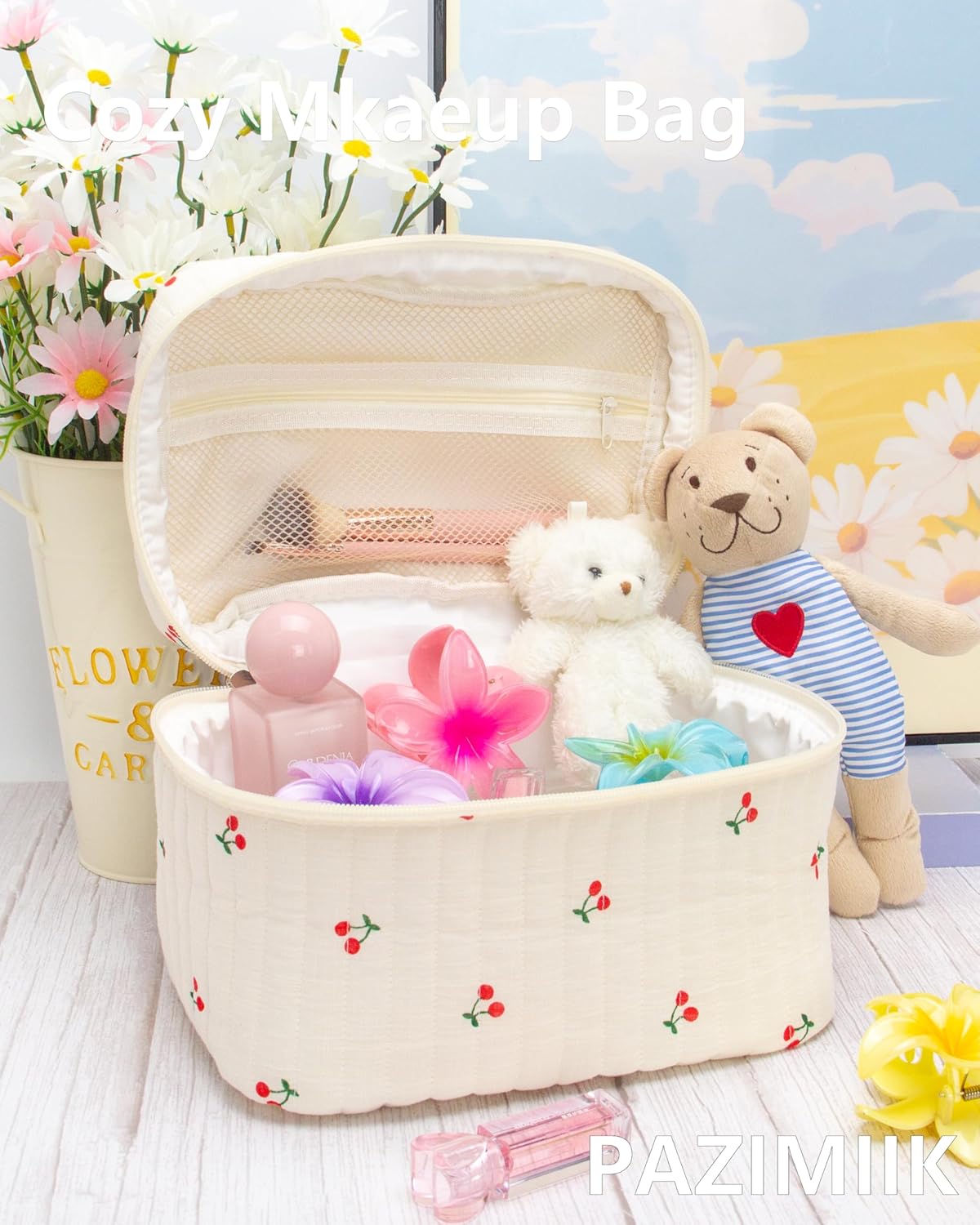 PAZIMIIK Quilted Makeup Bag Large Travel Zipper Soft Cosmetic Case for Women Girls Make Up,Cherry Beige