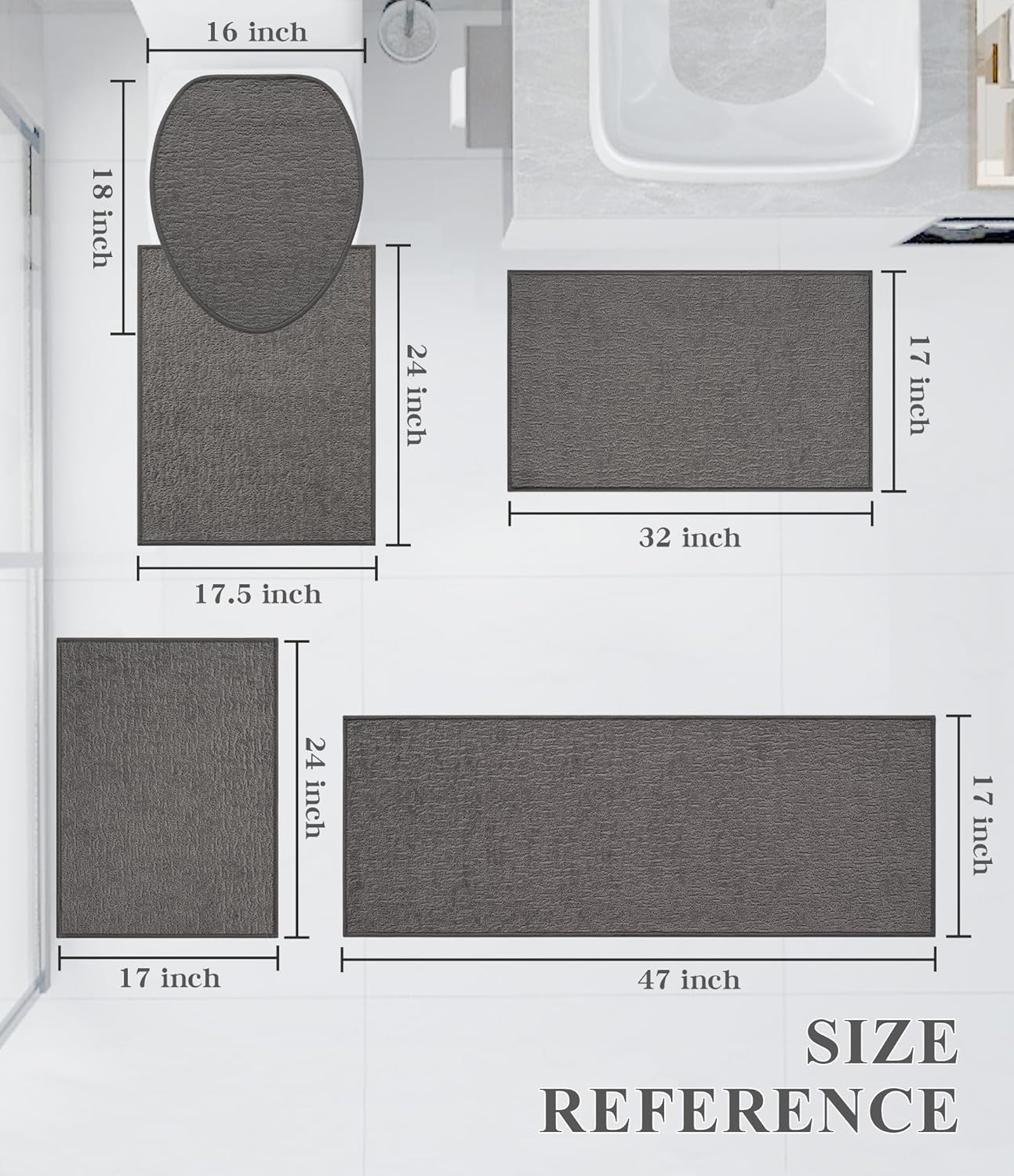 chakme Bathroom Rug Sets 5 Piece, Ultra Thin Bath Mat Quick Dry Bath Mat Set, Absorbent Bath Mat for Bathroom Non Slip Machine Washable, (Dark Grey, 5 Piece)