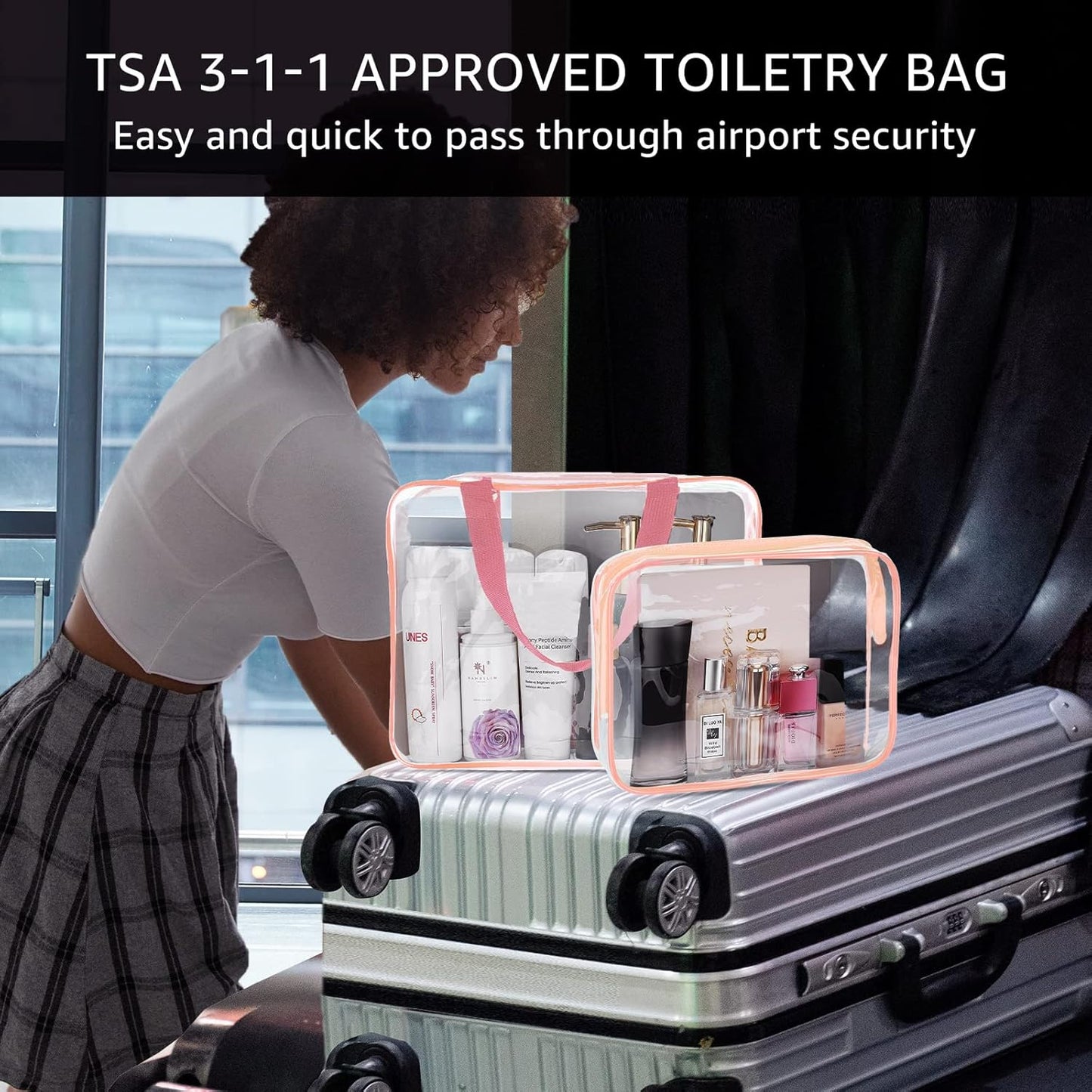 4Pcs Crystal Clear PVC Travel Toiletry Bag Kit for Women Men, Waterproof Vinyl Packing Organizer Storage Bags with Zipper Handle Straps, Cosmetic Pouch Carry on Airport Airline Compliant Bag Handbag