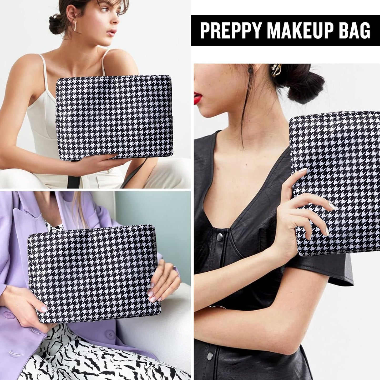 Nylon Large Makeup Bag Black Houndstooth Travel Pouch for Women, Big Preppy Makeup Bag Cute Cosmetic Zipper Pouch Purse, Waterproof Toiletry Bag Clutch Makeup Organizer for Girls(Black Houndstooth)