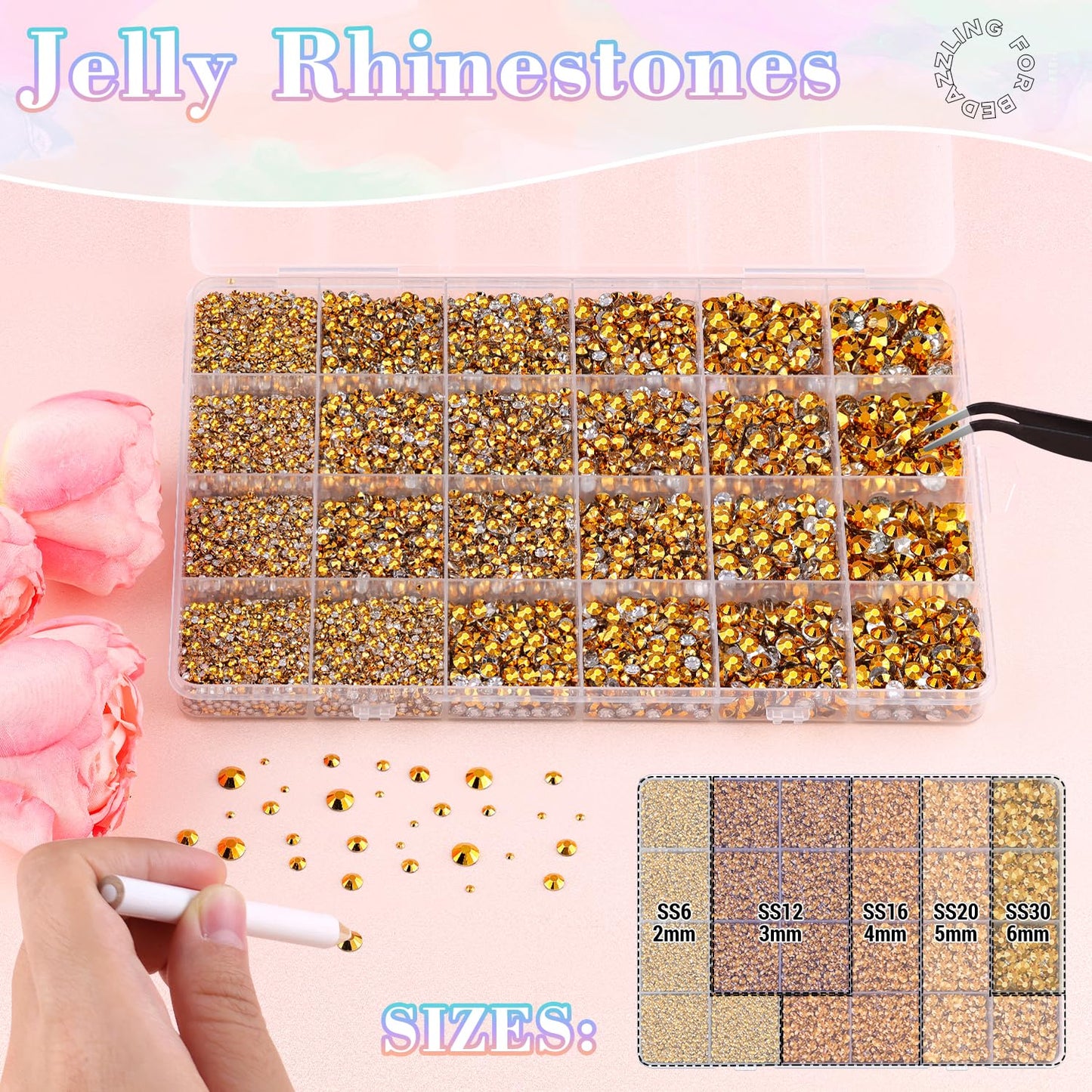 25000Pcs Resin Jelly Rhinestones with Tweezers for Crafting, 2-6mm Mixed Sizes (Copper Gold) Non Hotfix Flatback Gems, Bedazzling Crystal for DIY Crafts Clothing Tumblers Mugs Shoes Nail Art