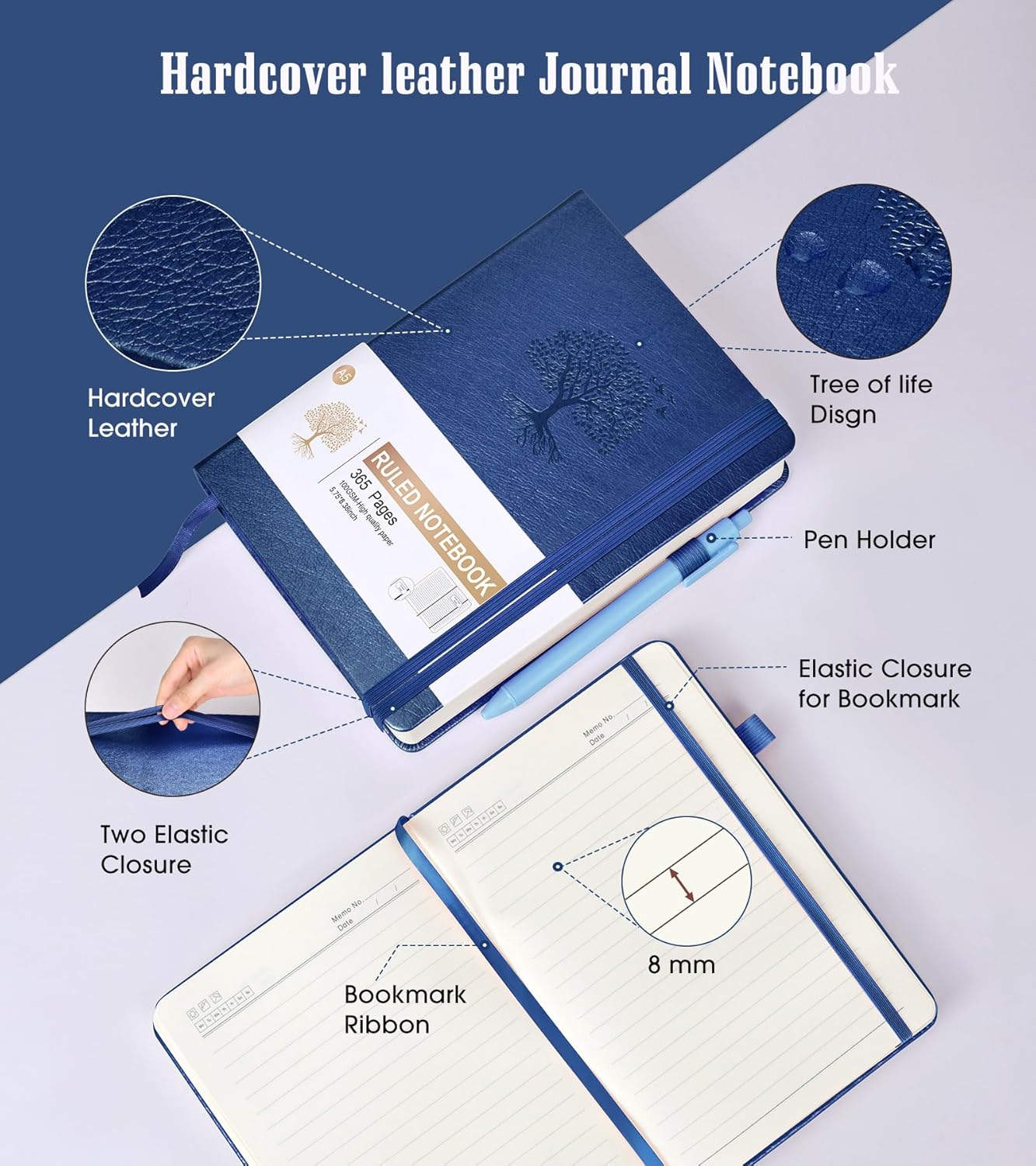 Lined Journal Notebook -365 Pages A5 Thick Journals for Writing Ruled Notebook, Hardcover Leather Journal for Women Men, Daily Notebook for Work, Note Taking, 100Gsm Paper( 5.75'' X 8.38'' Darkblue)