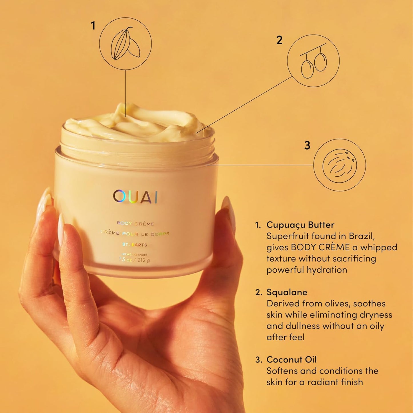 OUAI Body Cream, St. Barts - Hydrating Whipped Body Cream with Cupuaçu Butter, Coconut Oil and Squalane - Softens Skin and Delivers Healthy-Looking Glow - Sulfate-Free Skin Care (7.5 Oz)