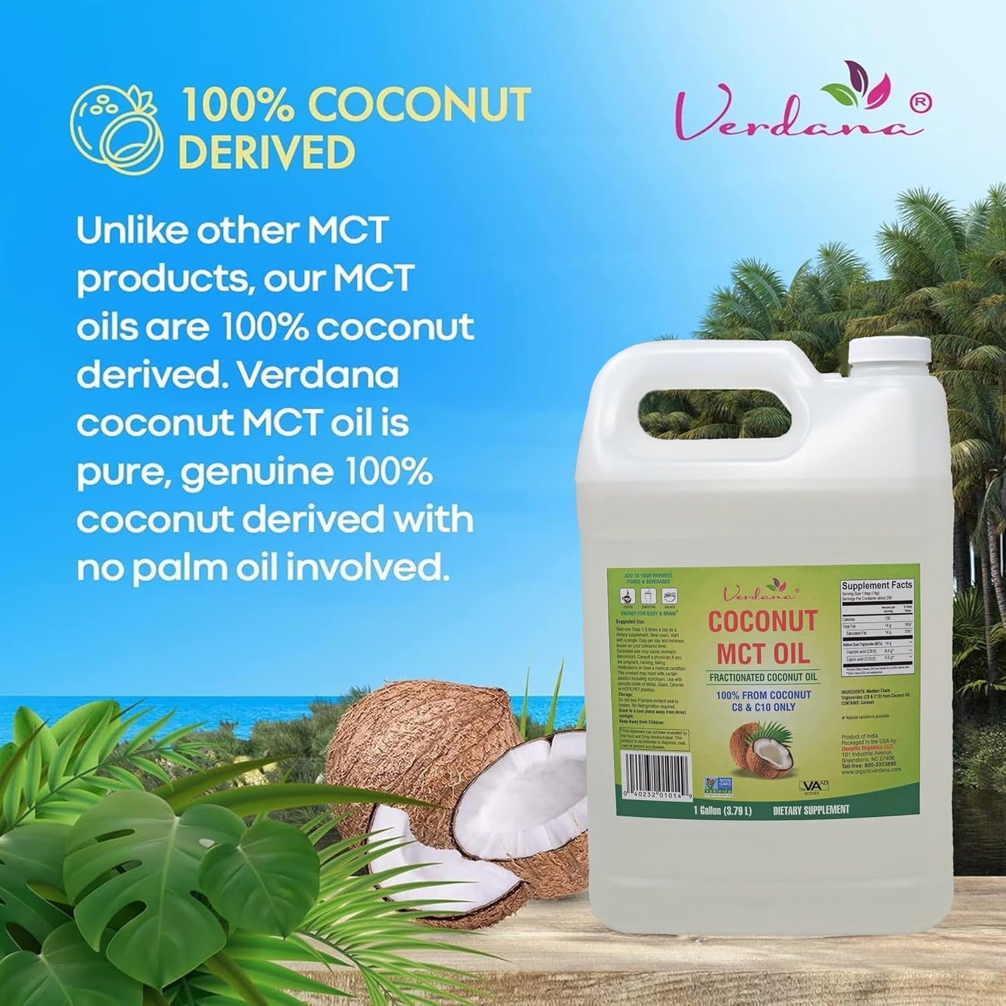 Verdana MCT Oil, Fractionated, 100% from Coconut - 1 Gallon - Kosher Food Grade, Vegan, Non-GMO - Great for Keto and Paleo Diet, Oil Pulling Oral Rinse Mouthwash (128 Fl Oz)